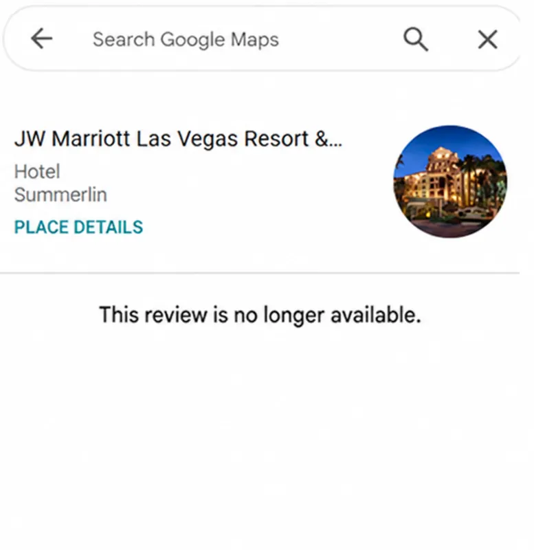 After removal: Google says the review is no longer available