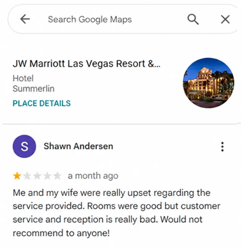 Before removal: one-star Google review by Shawn Andersen for JW Marriott Las Vegas Resort